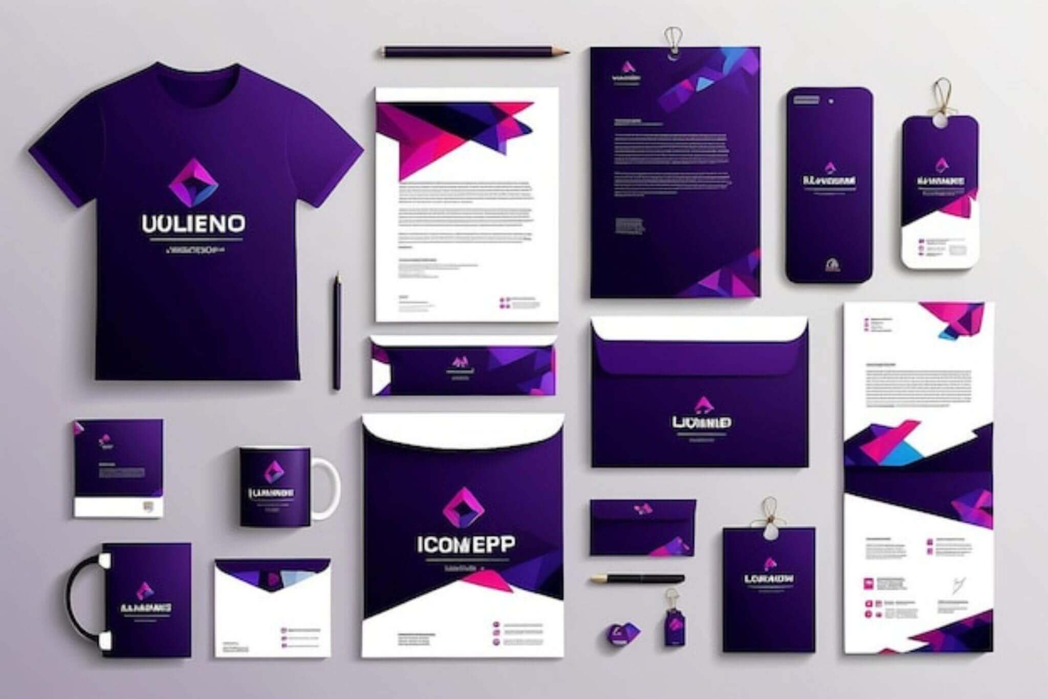 Comprehensive brand identity design showing logo, business card, letterhead, and color palette.