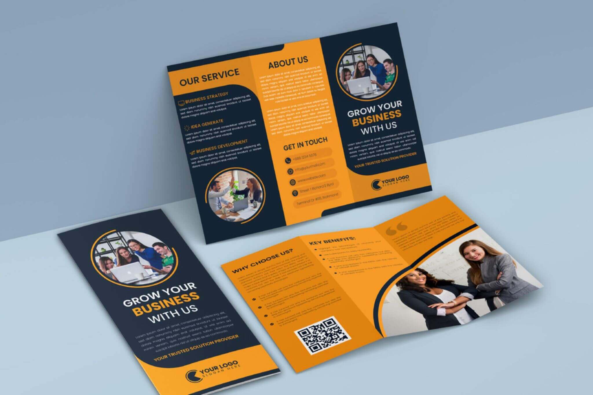 High-quality brochure and flyer designs for business marketing by Warsi Technologies.